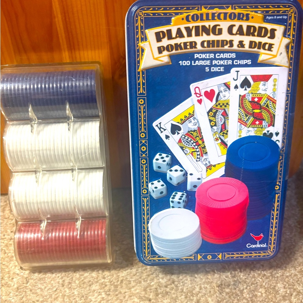 Collectors Playing Cards Set with Red, Blue, and White Chips